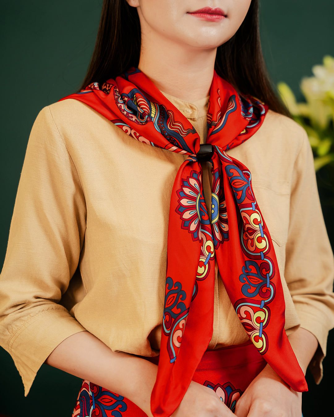 Dragon Of Grace Silk Square Scarf / Red