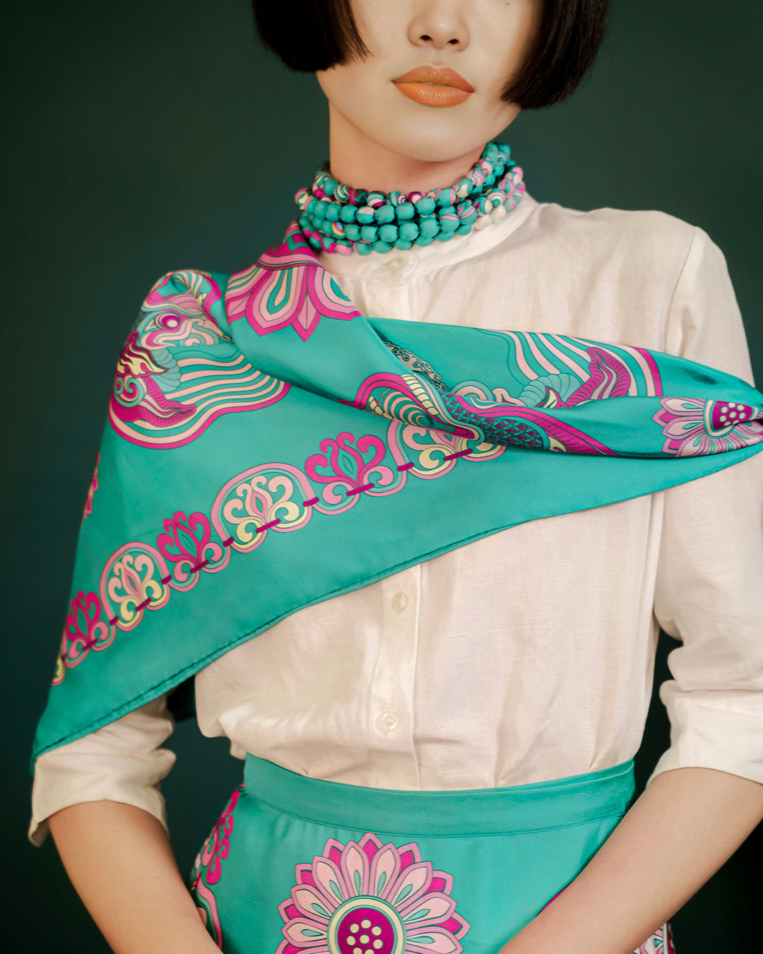 Dragon Of Grace Silk Scarf / Turquoise / 90x90cm / 36x36in