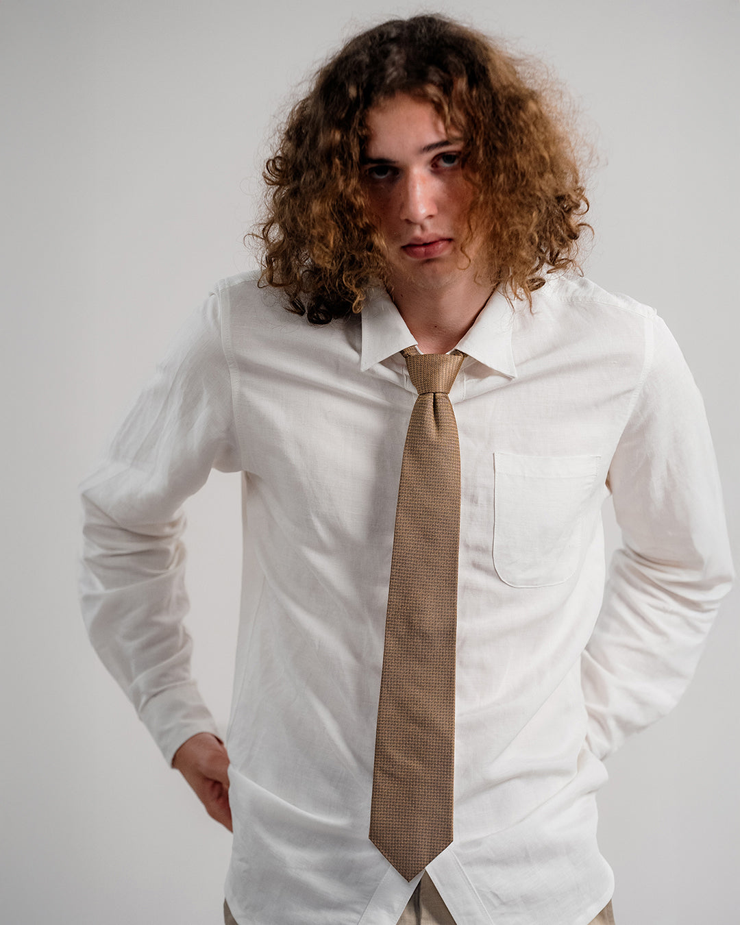 Line Square Pattern Silk Necktie / Dark Beige / Band 8cm / 3.2in