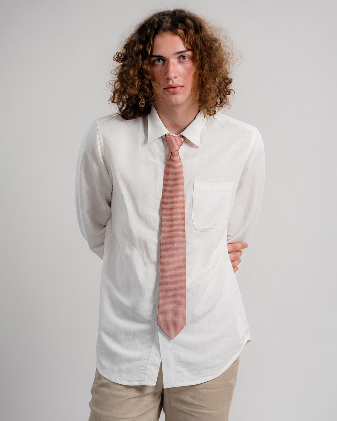 Line Square Pattern Silk Necktie / Pastel Red / Band 8cm / 3.2in