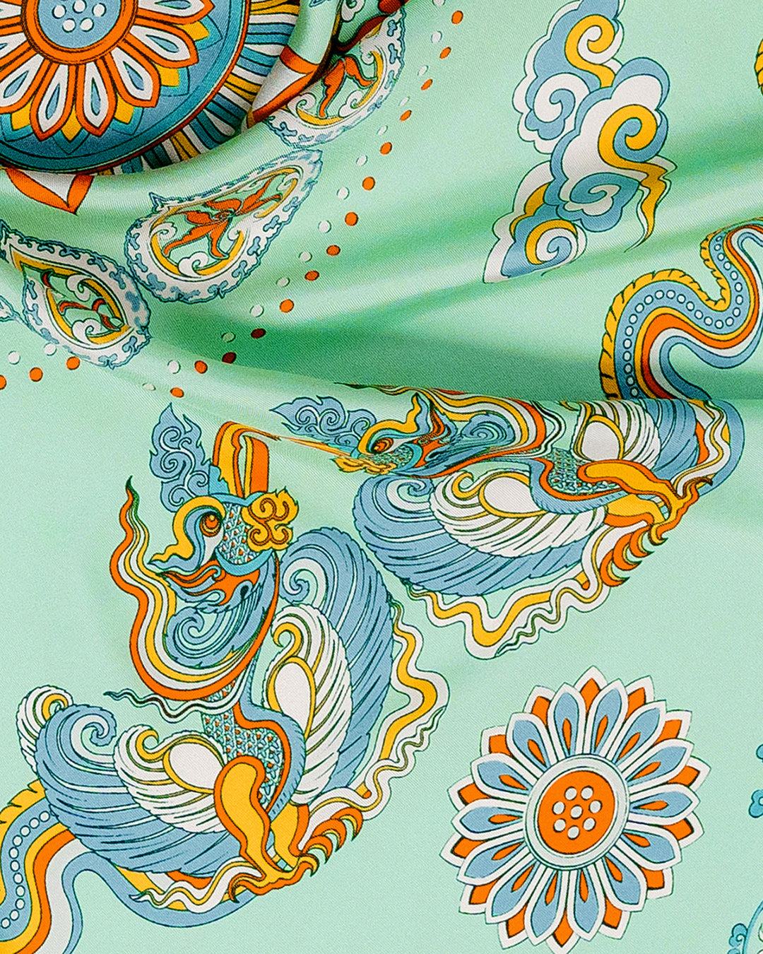 Phoenix Dance Silk Scarf / Green / 55x55cm / 22x22in