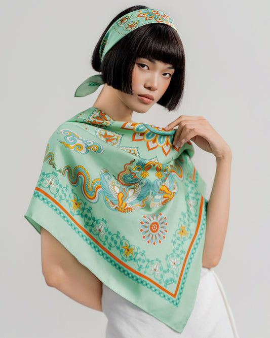 Phoenix Dance Silk Scarf / Green / 90x90cm / 36x36in