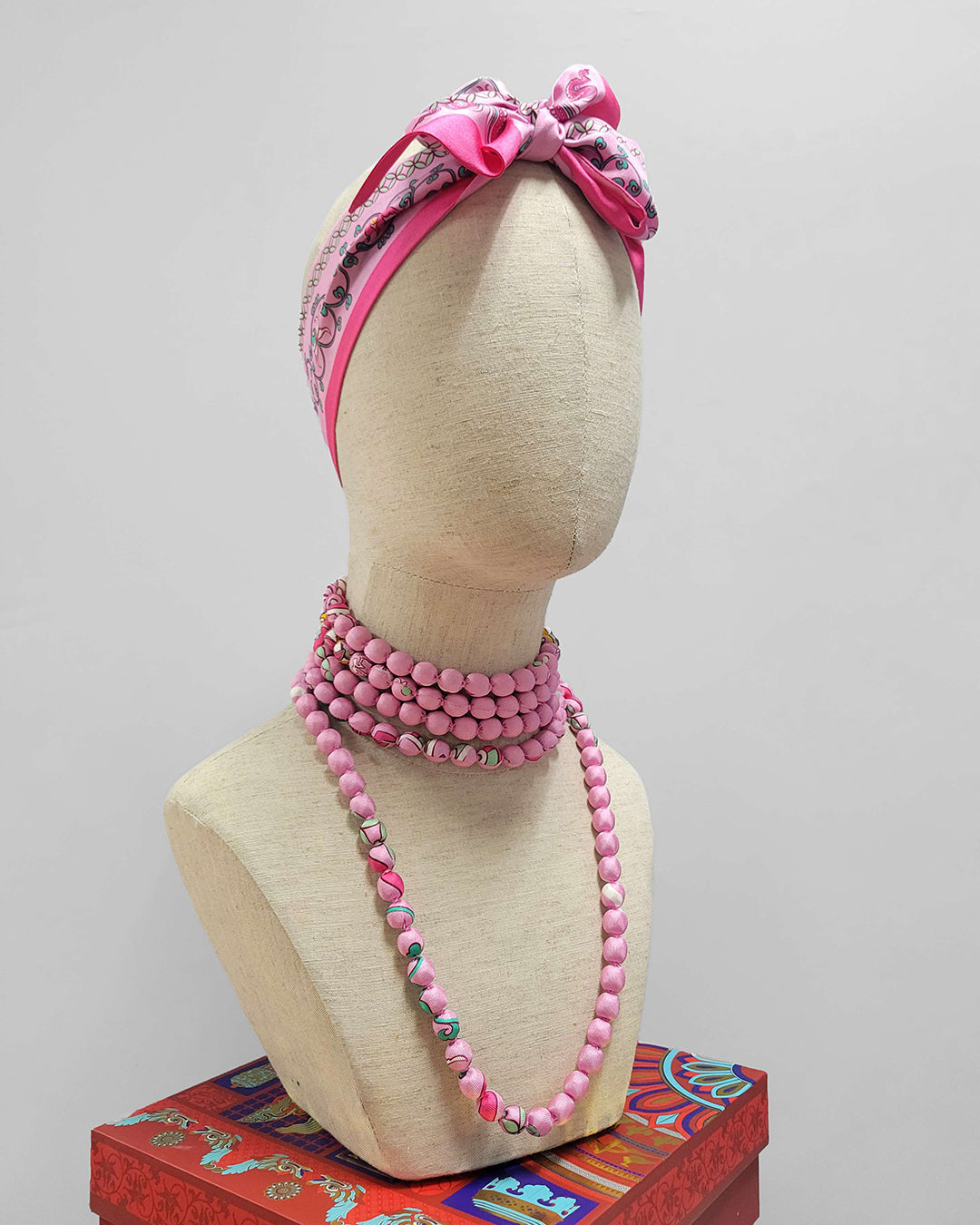 Printed Silk Wrapped Bead Necklace / Pastel Pink / 110cm / 44in
