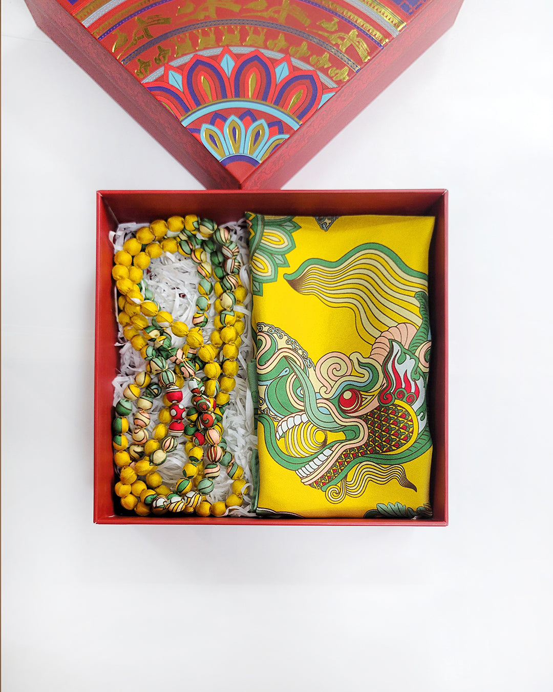 Printed Silk Wrapped Bead Necklace / Yellow / 110cm