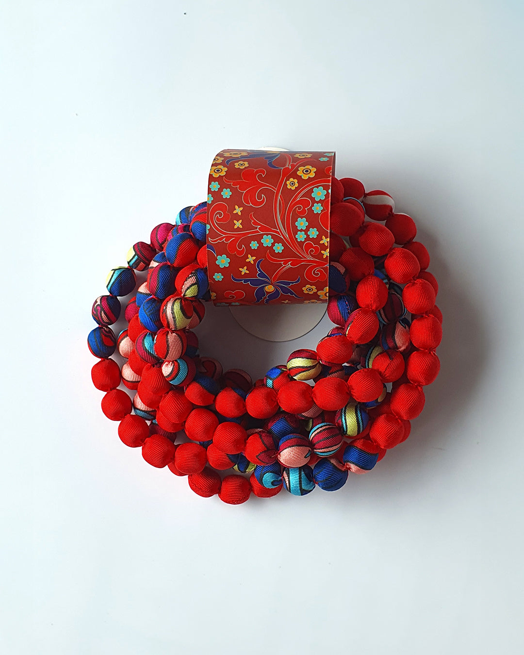 Printed Silk Wrapped Bead Necklace / Red / 110cm / 44in