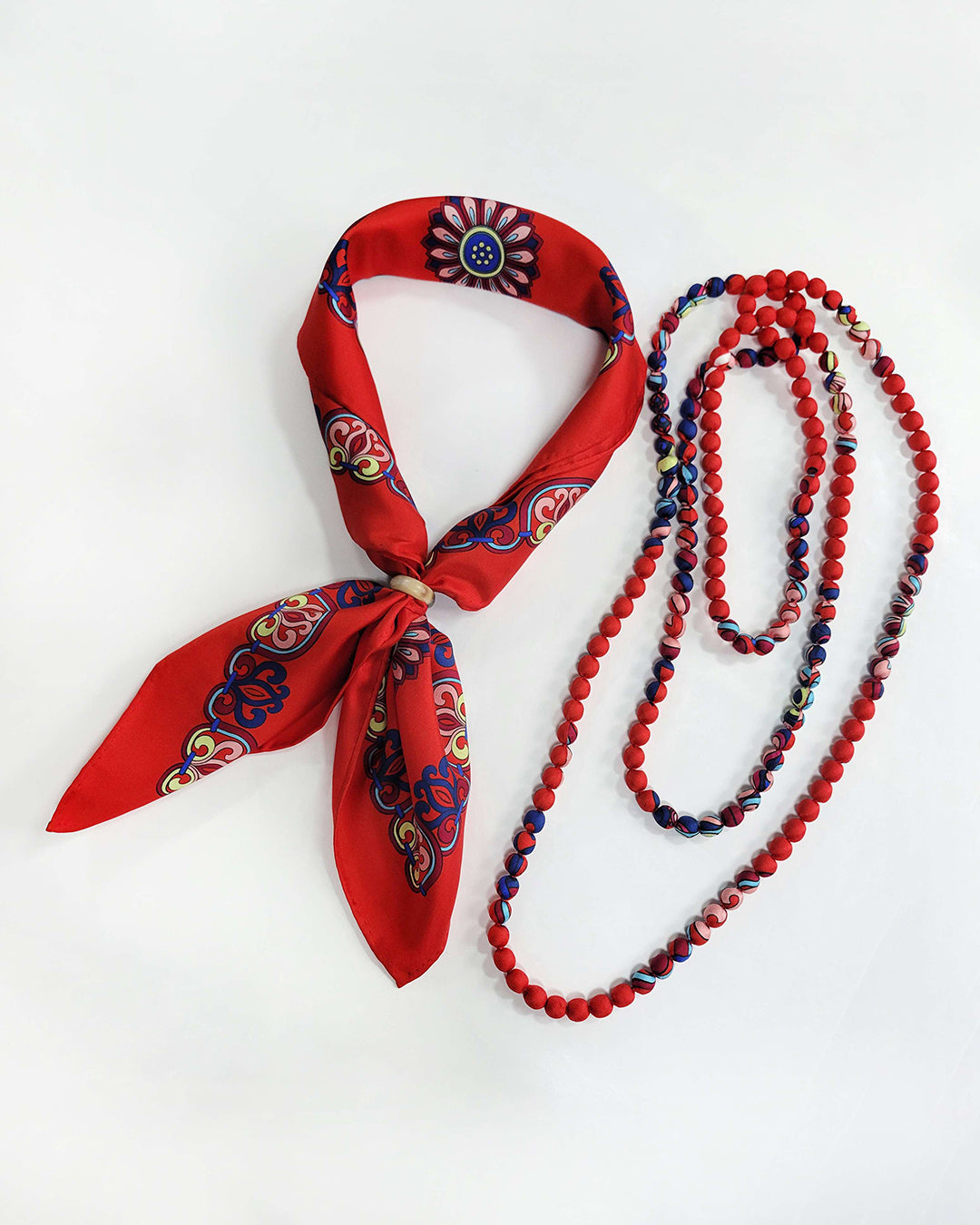 Printed Silk Wrapped Bead Necklace / Red / 110cm / 44in