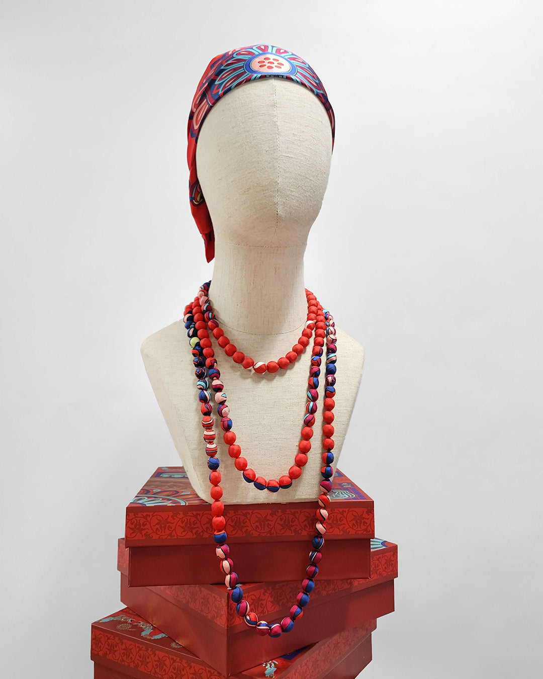 Printed Silk Wrapped Bead Necklace / Red / 110cm / 44in
