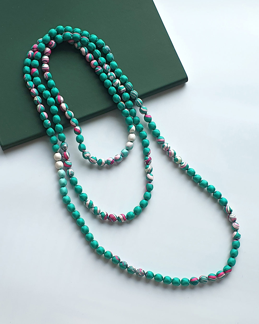 Printed Silk Wrapped Bead Necklace / Turquoise / 110cm / 44in