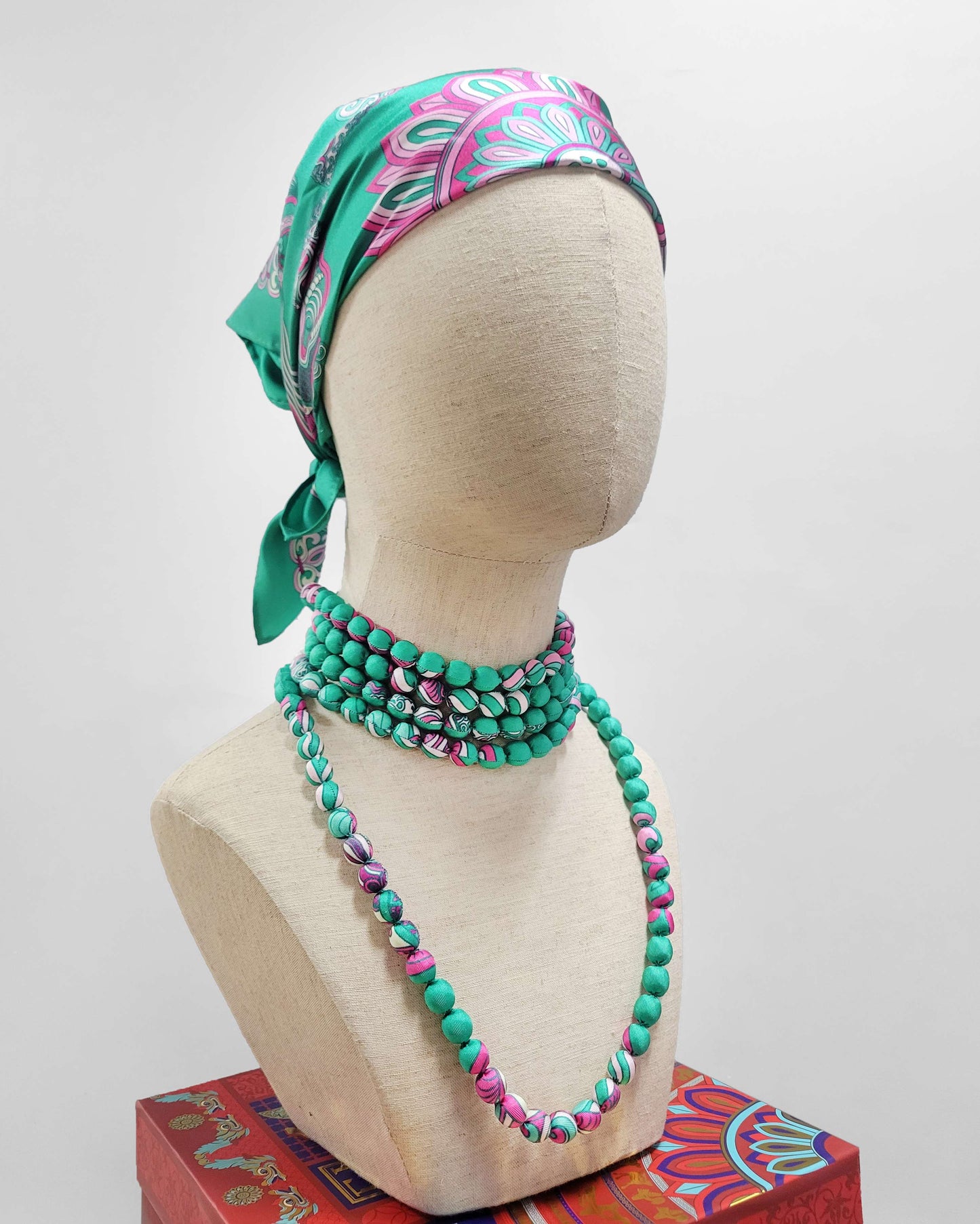 Printed Silk Wrapped Bead Necklace / Turquoise / 110cm / 44in