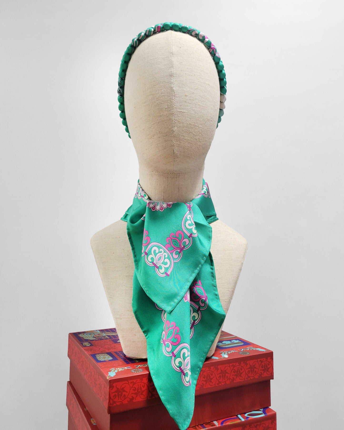 Printed Silk Wrapped Bead Necklace / Turquoise / 110cm / 44in