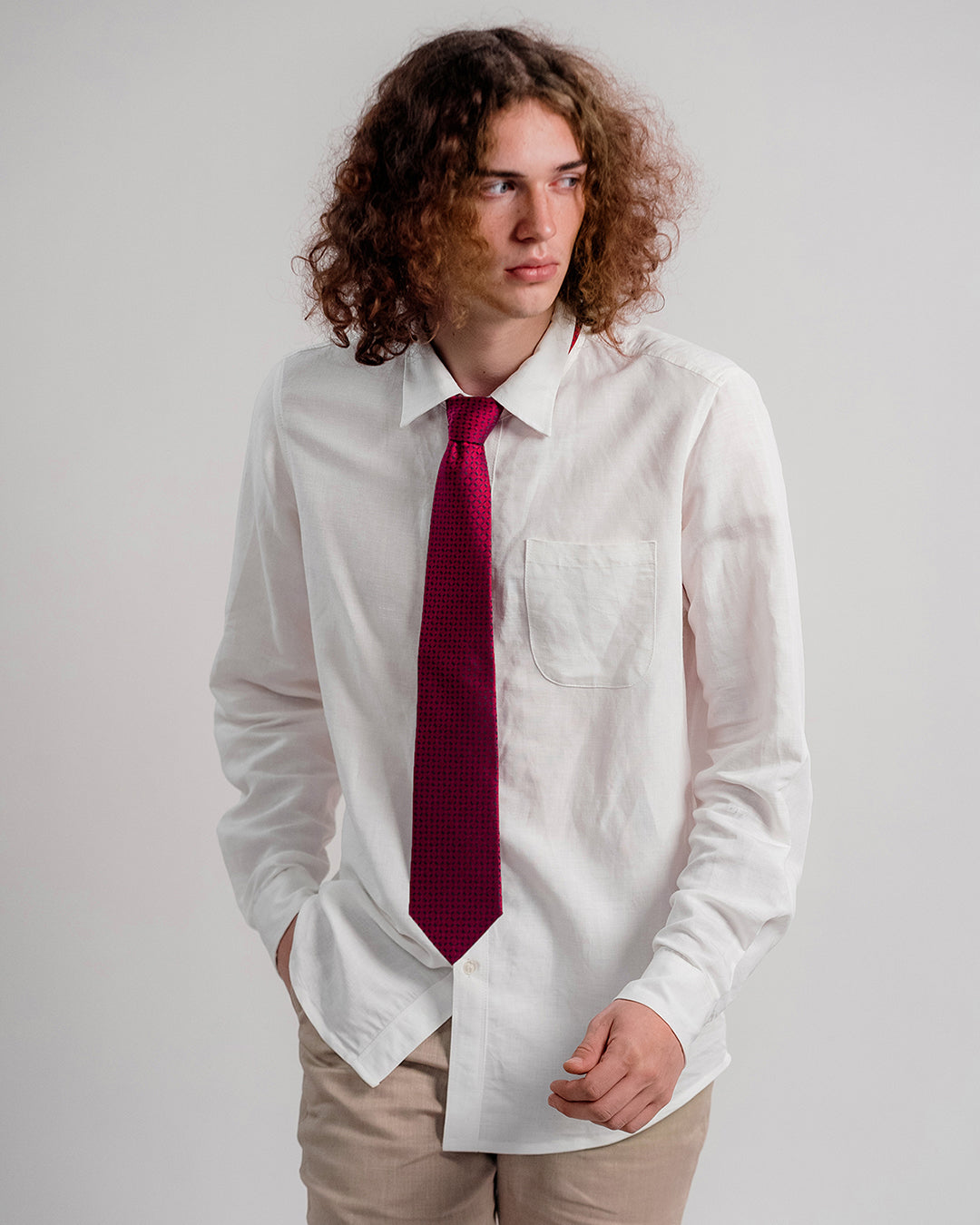 Windowpane Silk Necktie / Red / Band 8cm / 3.2in