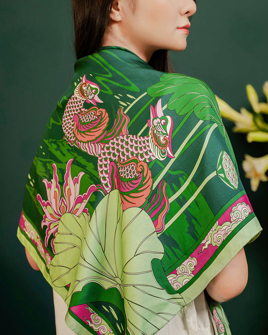 Green and pink Lotus Serenade mandarin duck silk scarf, 36 inch - Folk Form