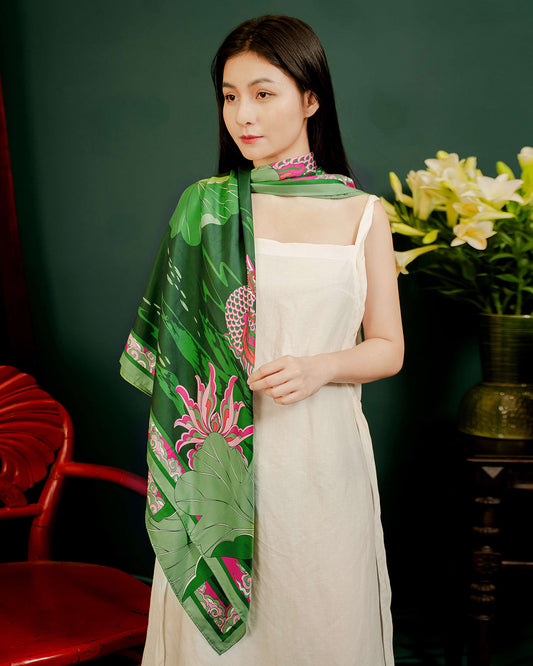 Lotus Serenade silk scarf in green and pink, printed with a pair of mandarin ducks - Folk Form