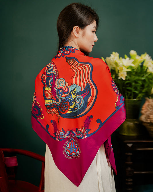 Red Dragon Dreams silk square scarf, 44 inch (110 cm) - Folk Form