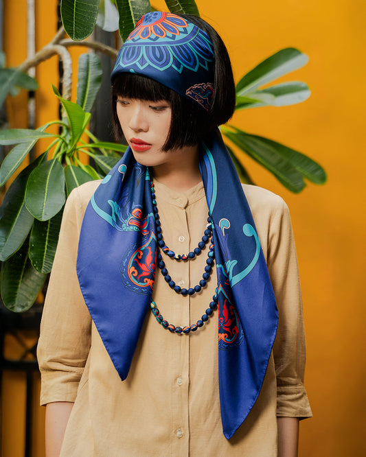 Navy blue Dragon Dreams silk scarf, hand screen-printed with a Ly Dynasty dragon motif - Folk Form