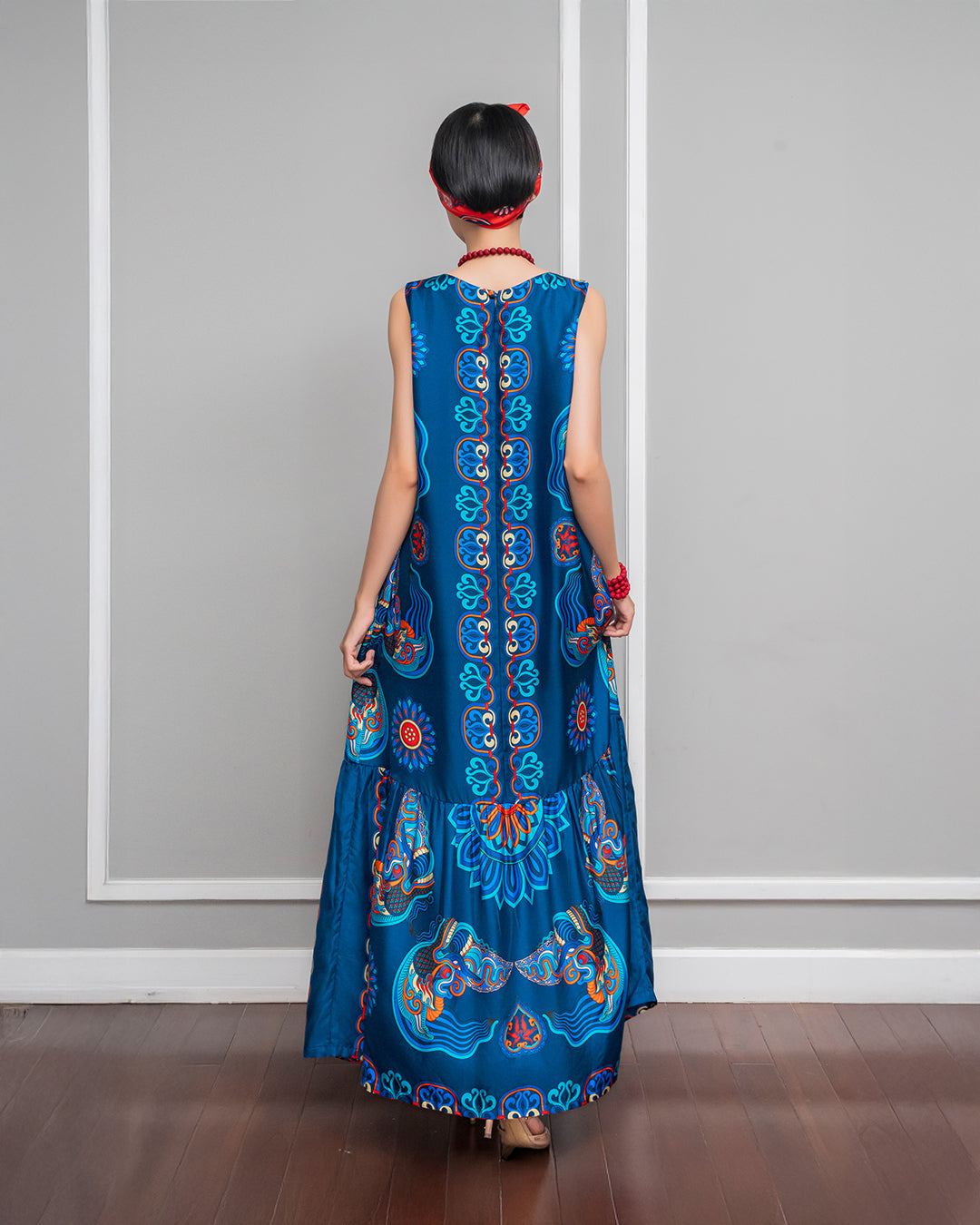 Silk Max Boho 1970 Sleeveless Dress / Navy Blue Dragon Of Grace
