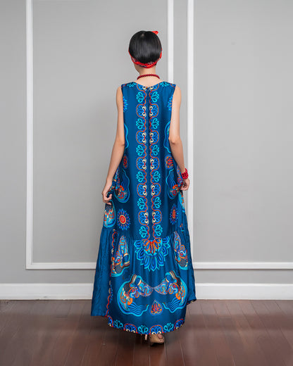 Silk Max Boho 1970 Sleeveless Dress / Navy Blue Dragon Of Grace