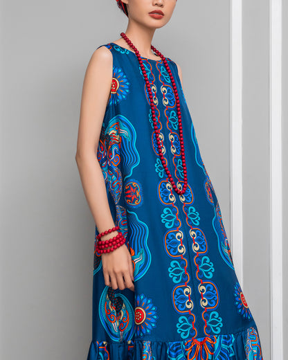 Silk Max Boho 1970 Sleeveless Dress / Navy Blue Dragon Of Grace