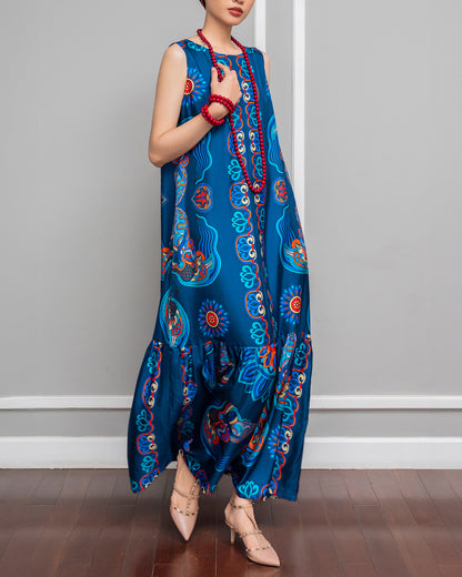 Silk Max Boho 1970 Sleeveless Dress / Navy Blue Dragon Of Grace