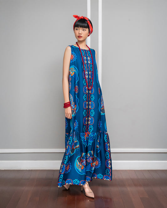 Silk Max Boho 1970 Sleeveless Dress / Navy Blue Dragon Of Grace