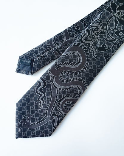 Black silk jacquard tie and cufflinks set, 3.1 inch wide, view 7