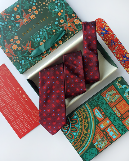Luxury Gift for Dad/ Silk Necktie with Vermilion Pattern and Cufflinks / 8cm × 145cm