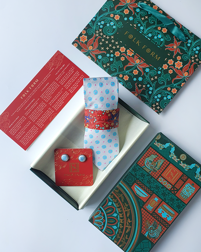 Luxury Gift for Dad/ Silk Necktie with White Jade Pattern and Cufflinks / 8cm × 145cm