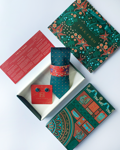 Luxury Gift for Dad/ Silk Necktie with Emerald Pattern and Cufflinks / 8cm × 145cm