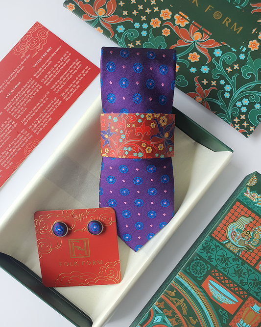 Luxury Gift for Dad/ Silk Necktie with Purple Lotus Pattern and Cufflinks / 8cm × 145cm