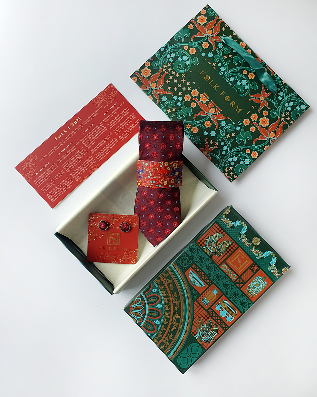Luxury Gift for Dad/ Silk Necktie with Vermilion Pattern and Cufflinks / 8cm × 145cm
