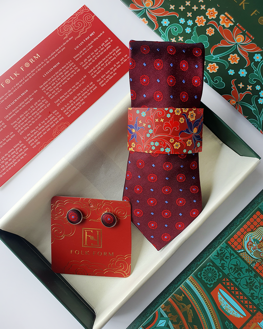 Luxury Gift for Dad/ Silk Necktie with Vermilion Pattern and Cufflinks / 8cm × 145cm