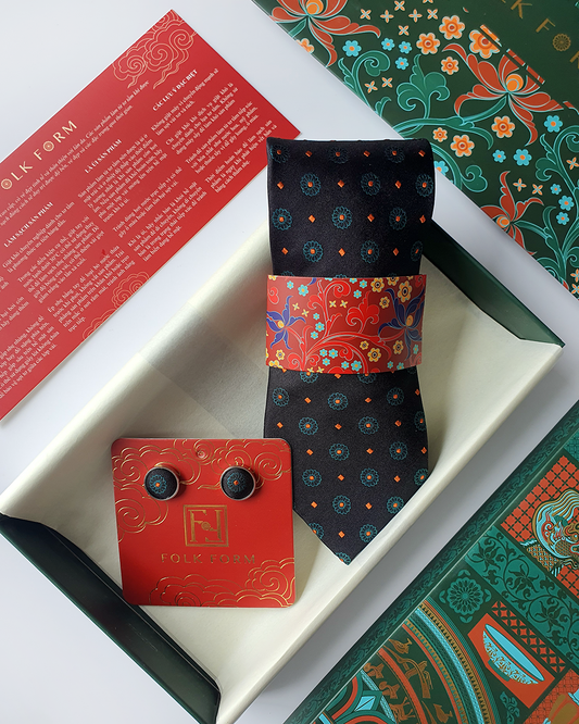 Luxury Gift for Dad/ Silk Necktie with Obsidian Jade Pattern and Cufflinks / 8cm × 145cm