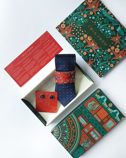 Luxury Gift for Dad/ Silk Necktie with Blue Jade Pattern and Cufflinks / 8cm × 145cm