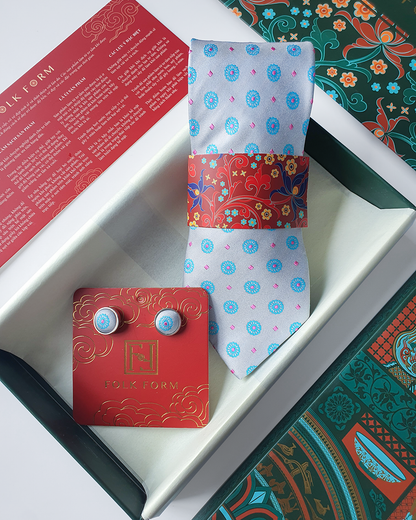 Luxury Gift for Dad/ Silk Necktie with White Jade Pattern and Cufflinks / 8cm × 145cm