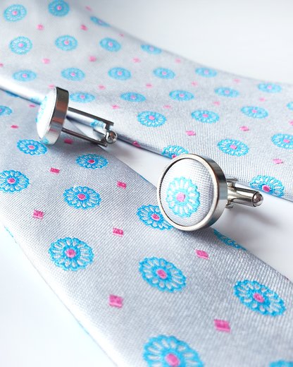 Luxury Gift for Dad/ Silk Necktie with White Jade Pattern and Cufflinks / 8cm × 145cm