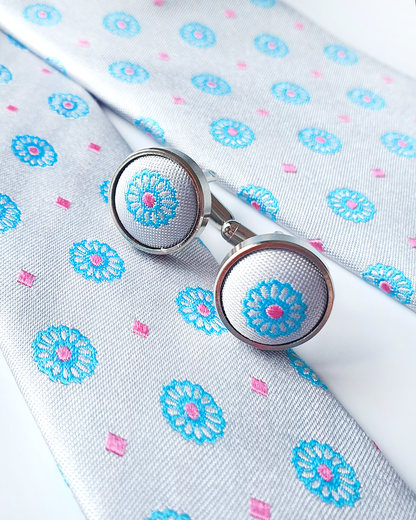 Luxury Gift for Dad/ Silk Necktie with White Jade Pattern and Cufflinks / 8cm × 145cm
