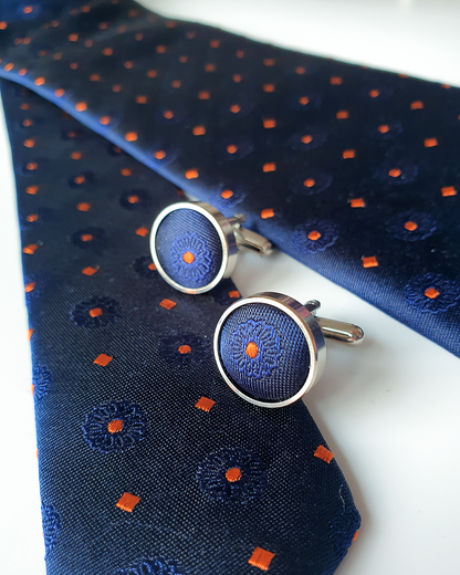 Luxury Gift for Dad/ Silk Necktie with Blue Jade Pattern and Cufflinks / 8cm × 145cm