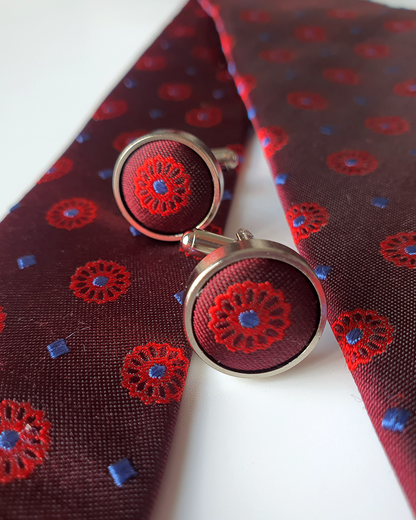 Luxury Gift for Dad/ Silk Necktie with Vermilion Pattern and Cufflinks / 8cm × 145cm