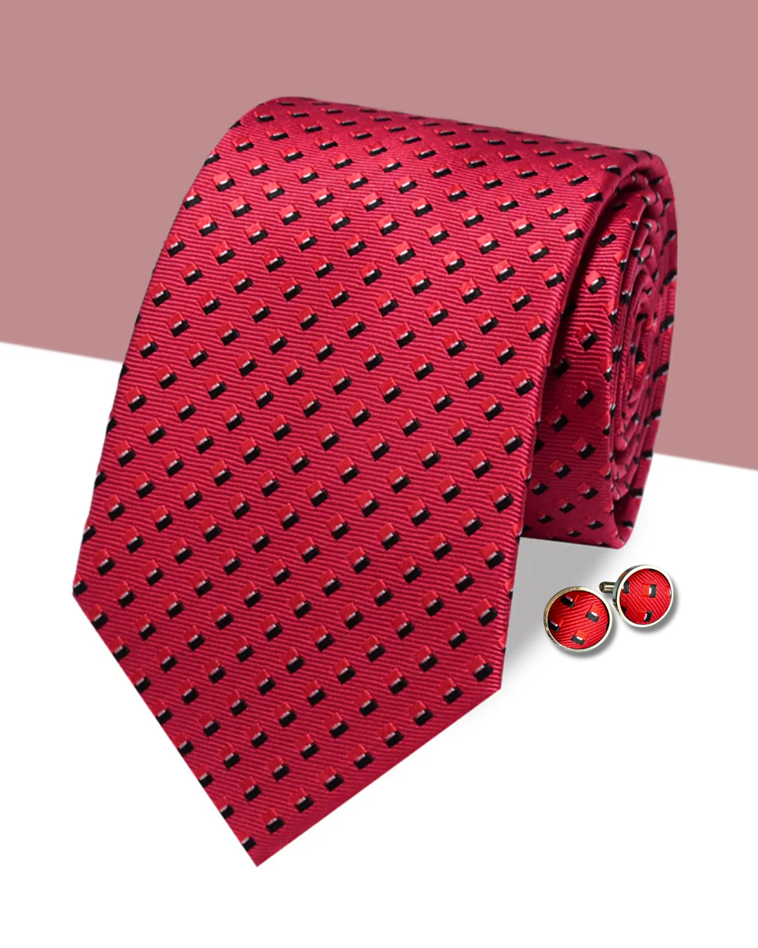 Red Geometric silk jacquard tie and cufflinks set, 3.1 inch wide