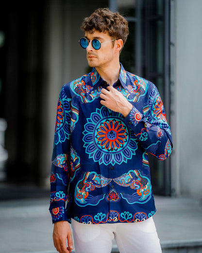 Silk Classic Shirt 1870 / Navy Blue Dragon Of Grace
