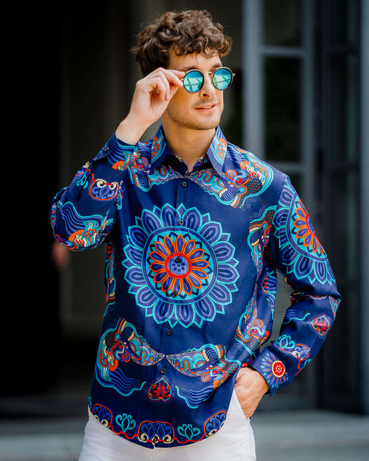 Men Silk Shirt / Dragon Of Grace Blue