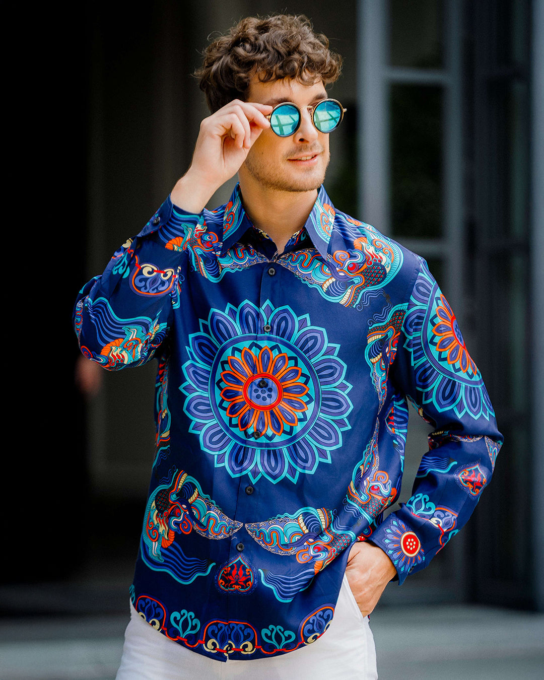 Silk Classic Shirt 1870 / Navy Blue Dragon Of Grace
