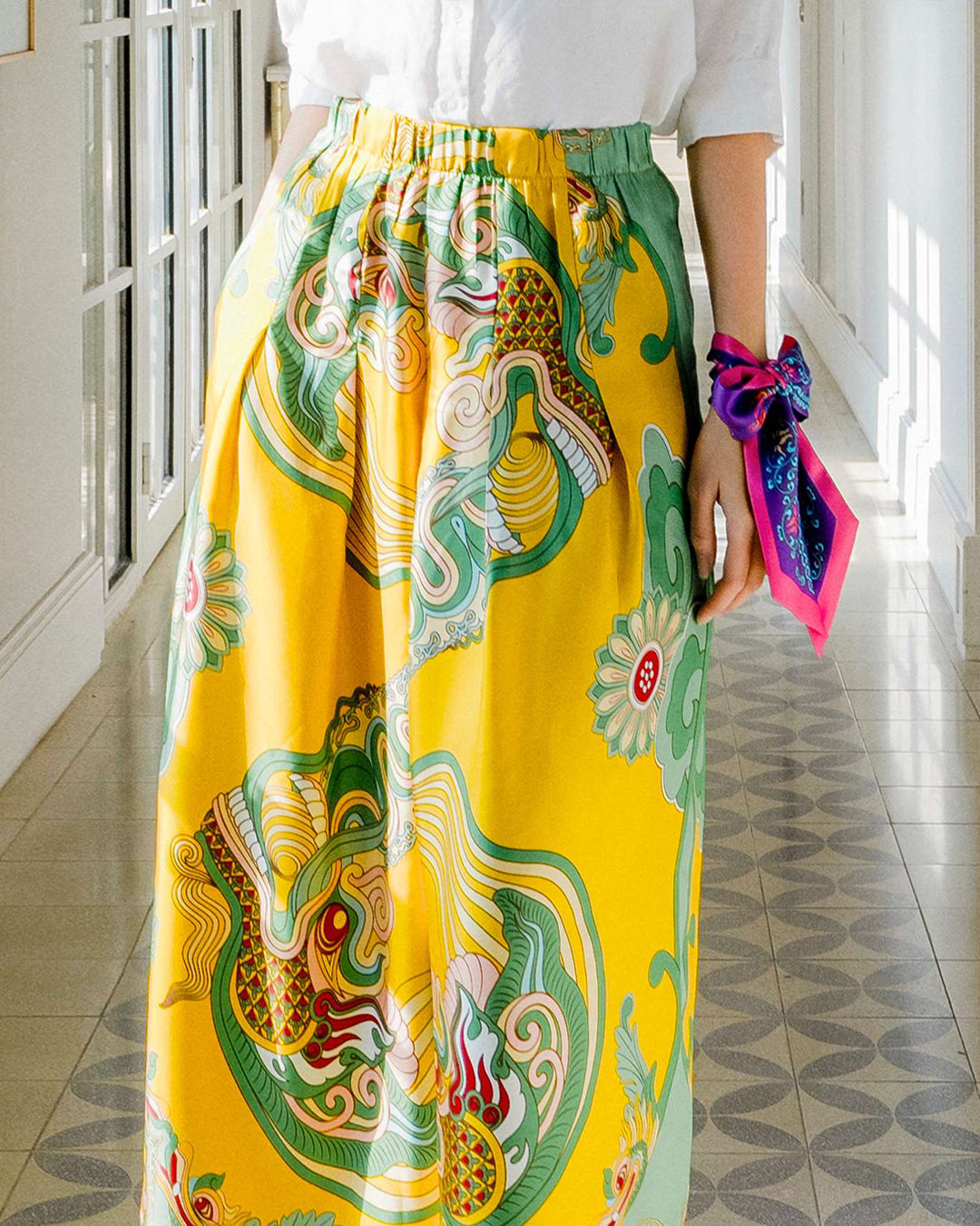 Silk Palazzo Pants 1932 / Yellow & Green Dragon Dreams
