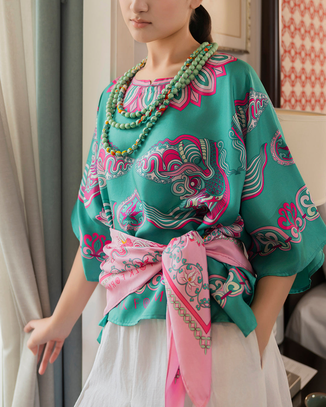 Silk Batwing Blouse 1940s / Turquoise Dragon Of Grace