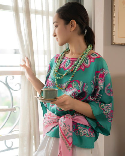 Silk Batwing Blouse 1940s / Turquoise Dragon Of Grace