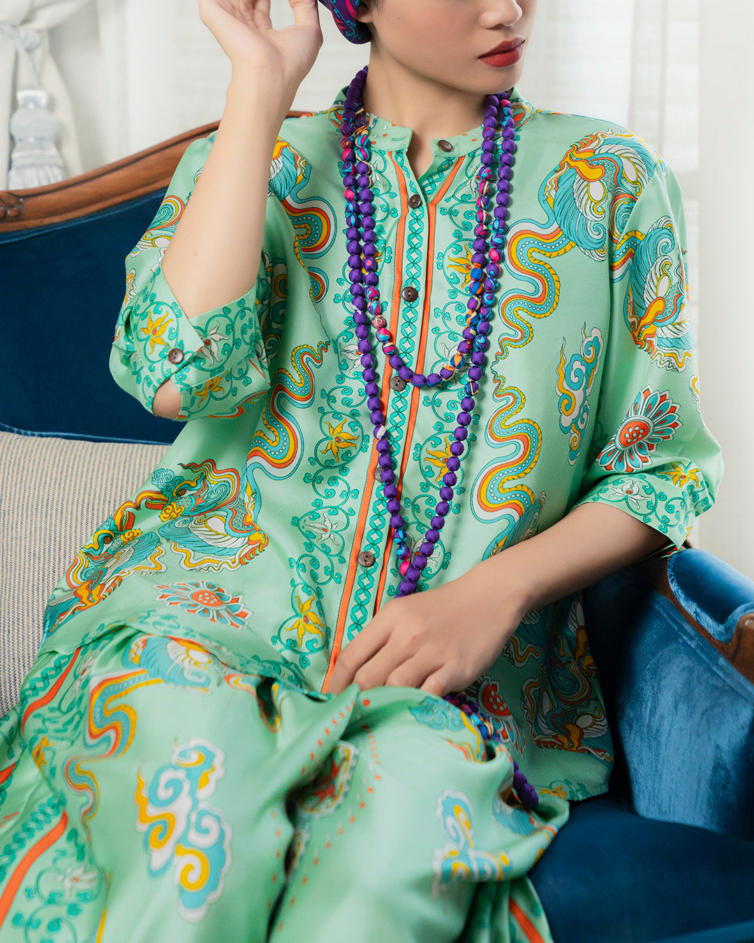 Silk Emancipation Shirt 1925 / Pastel Green Phoenix Dance