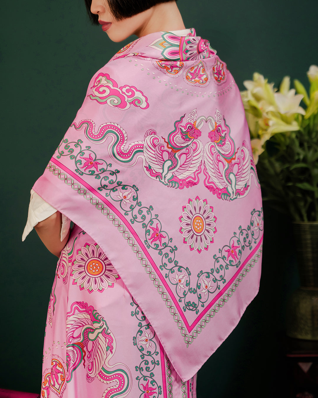 Phoenix Dance Silk Scarf / Pink / 110x110cm / 44x44in