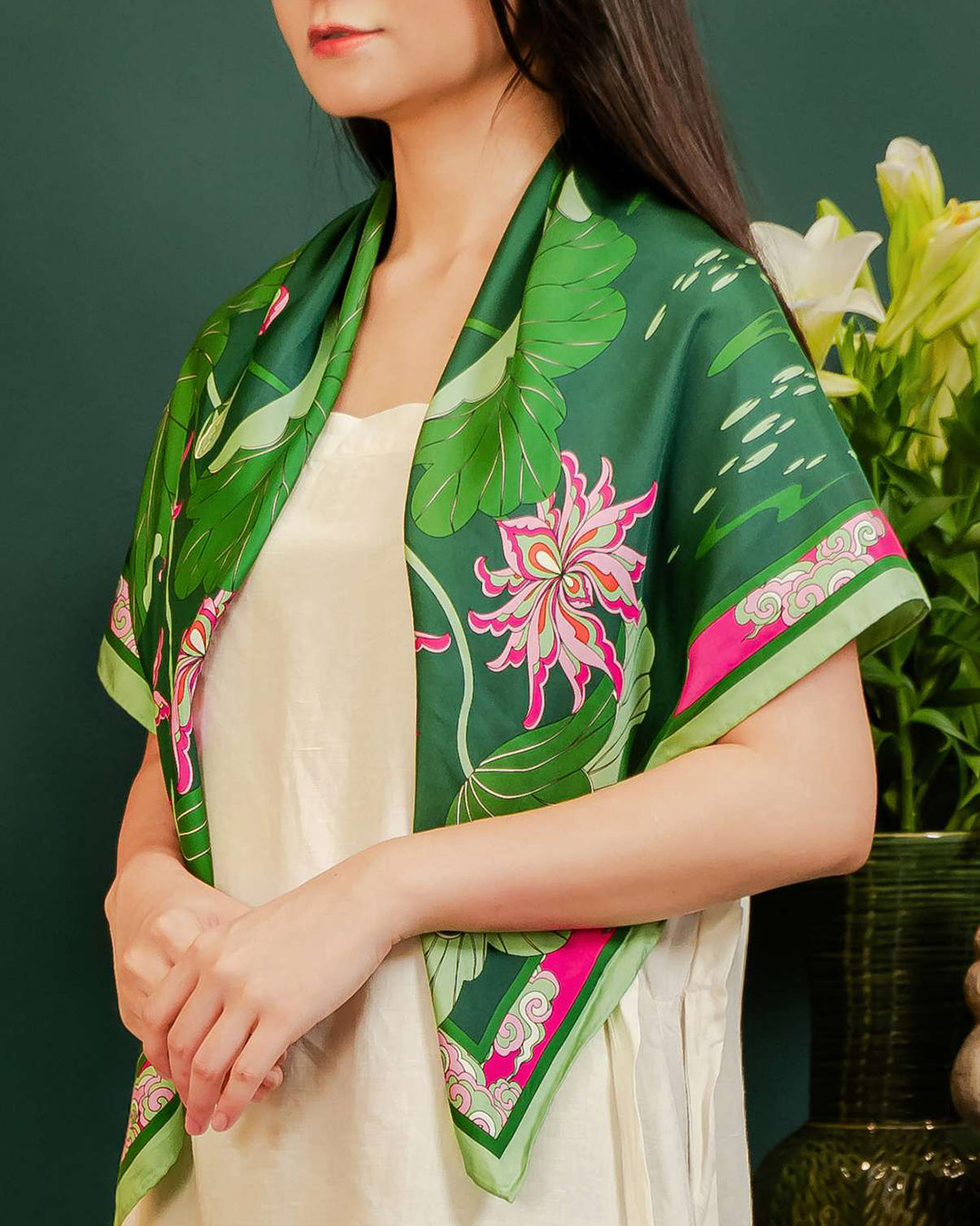 Lotus Serenade Silk Square Scarf / Green & Pink