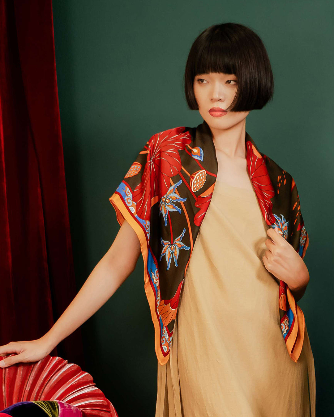 Lotus Serenade Silk Square Scarf / Brown & Blue