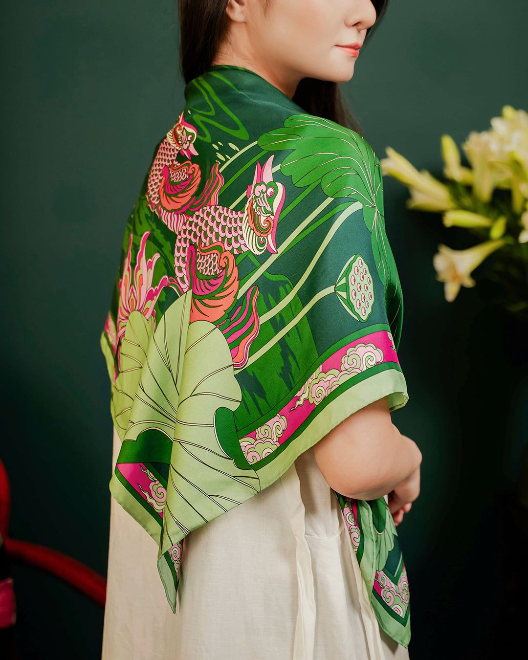 Lotus Serenade Silk Square Scarf / Green & Pink